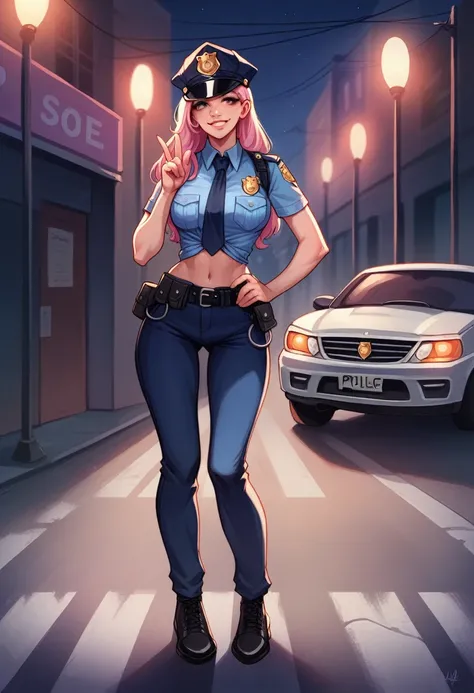 One woman, adult, withe hair, sexy police officer in uniform, night, soft light, facial details, view from face, diabolical smiling, light pink lips, in a street next to a police car, fingers, cop cap, full body --Realistic Style-Imagination-