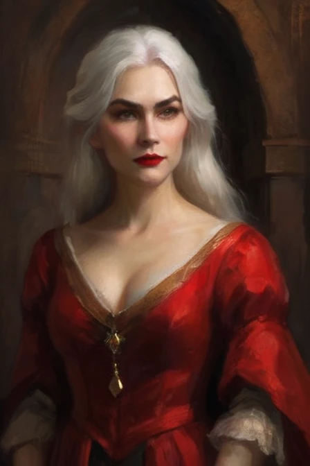 Fine art oil painting portrait of Carmilla from the Castlevania Netflix series. She with long, straight white hair and pale skin. She has striking red lips and wears a form-fitting, deep red dress with gold shoulder accents. The scene is lit by Rembrandt l...