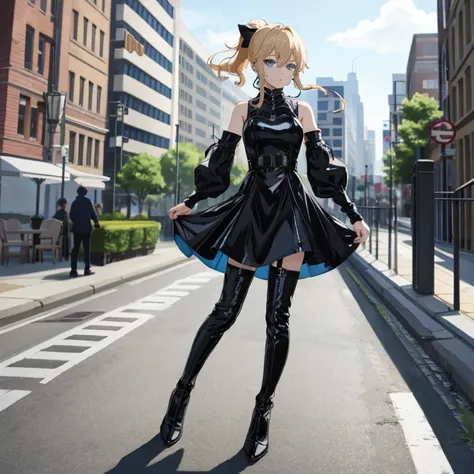 Best quality, expressive eyes, perfect face, One, blue eyes, short light ponytail, gin,  wearing a short black latex dress , shoes, genshin impact, totk, whole height, stands in the city,   