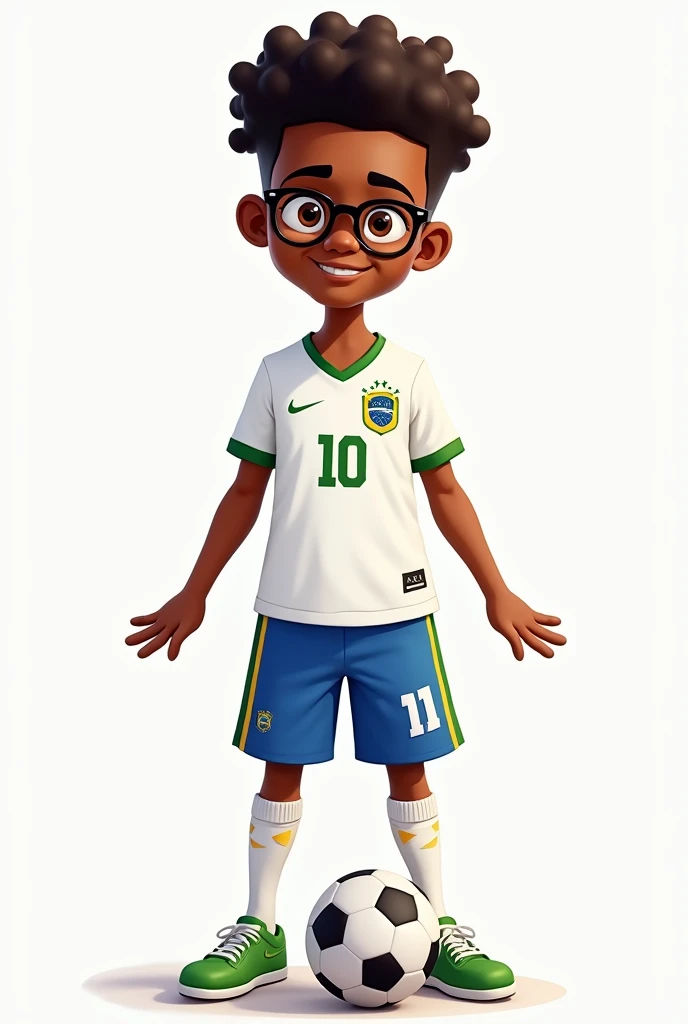 Generates a cartoon of a black teenager with a soccer ball wearing prescription glasses wearing the current white uniform of the Brazilian national team with the Brazilian flag with the number 10 on the shirt with no background., Just the person