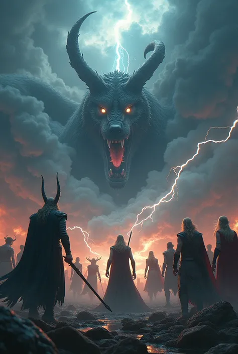 ragnarok on one side loki and the wolf and the world serpent on the other side odin thor freya a picture for a banner