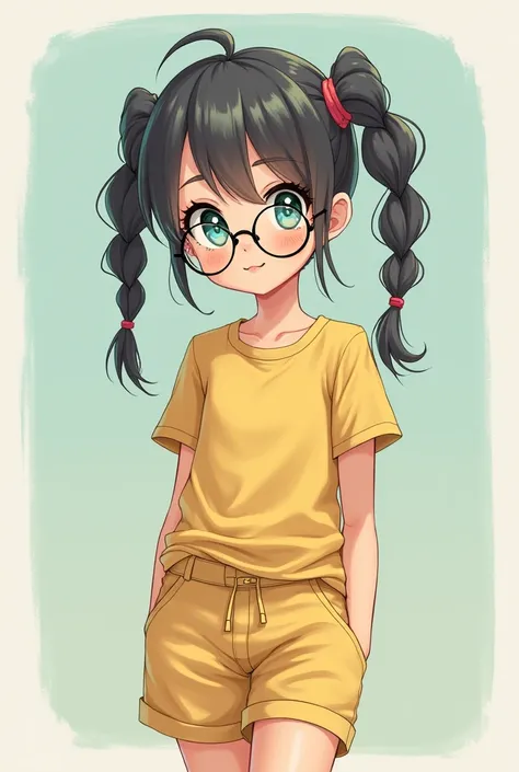 Girl, a little tall and pretty, hair in two braids, plain pink, eyes of different colors, one blue and the other green, yellow casual clothes, He also wears big glasses. anime style.