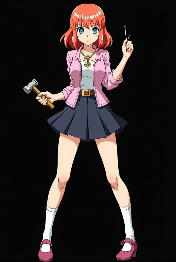 A full body image of an 1 girl named Hana Watanabe, personagem do anime "dragonball z", she is very beautiful, with medium length straight fire-colored hair with two white highlights in the front, framing your face. She has blue-green eyes and pale skin.. ...