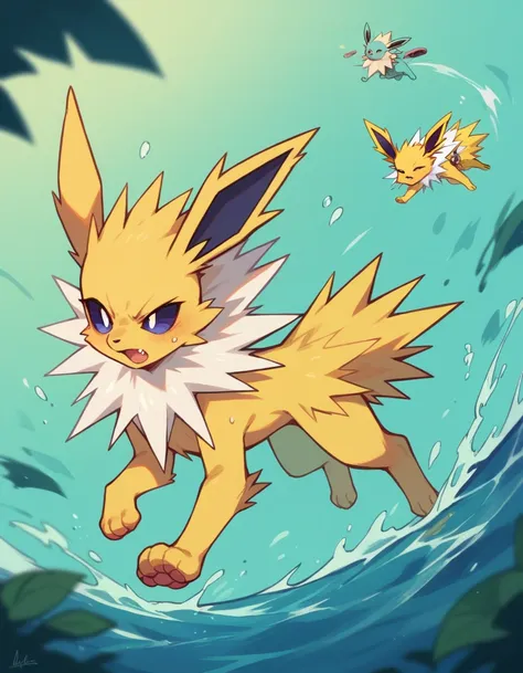 a jolteon pokemon is running at high speed over the water and is surrounded by electric shocks. on a moonlit night.