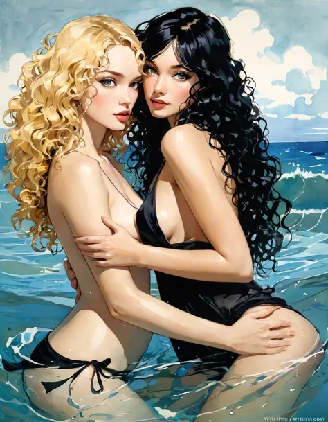 2GIRL affectionate, they kiss,(photorealistic:1.9), (photorealistic style:1.9), (hyperrealistic), (complexity). Incredible photorealistic portrait of two beautiful women, (((1woman long blonde hair, small breasts, slim))), (((1woman long black hair, curly ...