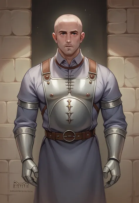 "Create an image of a male character designed for a visual novel, standing and looking directly at the camera. He is noticeably overweight, with a round face and a double chin, bald with a few gray strands of hair around the sides of his head. He wears a f...