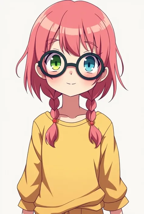 Girl, a little tall and pretty, hair in two braids, Her hair is straight pink, eyes of different colors, one blue and the other green, yellow casual clothes, He also wears big glasses. anime style.