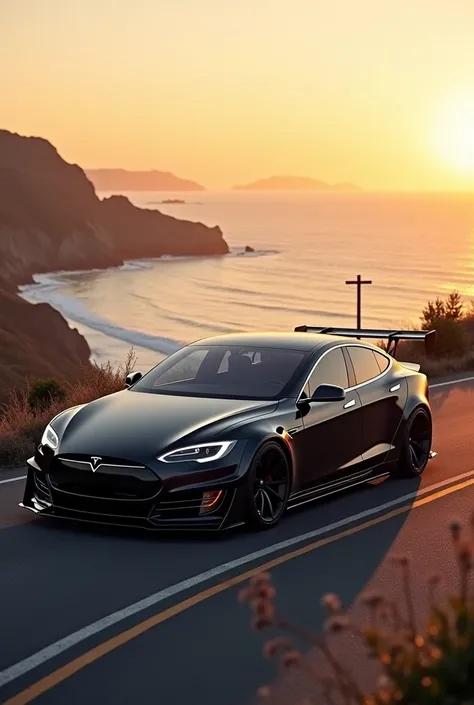 Tesla Model S bodykit , with an v12 engine thaht come out  cruising along the coast at sunset, combines innovation with breathtaking views. A journey like no other