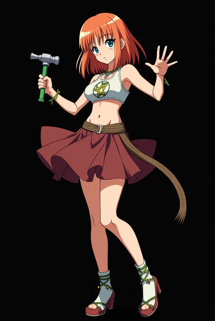 A full body image of an 1 girl named Hana Watanabe, personagem do anime "dragonball z", she is very beautiful, with medium length straight fire-colored hair with two white highlights in the front, framing your face. She has blue-green eyes and pale skin.. ...