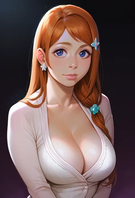 score_9, score_7_up, 1girl, solo, inoue orihime, realistic best quality, portrait, dark background, gradient background, large breasts, cleavage, photoshoot, highres, kinky, attractive, makeup, femme fatale