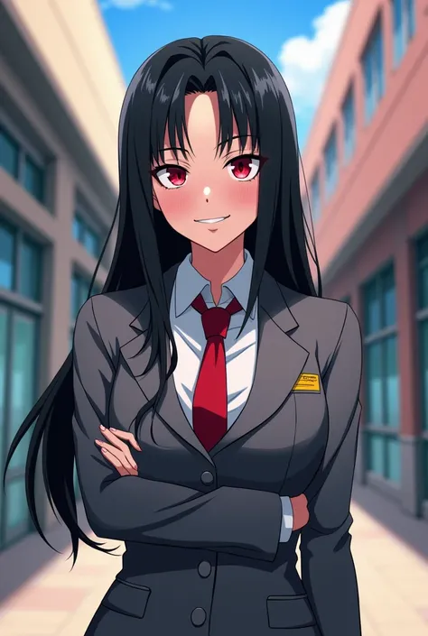 Boku No Hero Academia Character of a 1 girl, with #f9d4ba skin, black hair, long straight , red eyes, slanted, slightly closed, with makeup, pompous lips, smiling with a flirty aura. 
She wears the UA uniform, gray jacket and red tie, long shot, UA hallway...