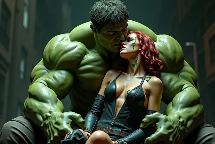 (photorealism:1.2),a woman with green slime on her face, angry scarlett johansson black widow sitting on hulks lap in tornt clothes , hulk, incredible hulk, ultra realistic vfx, the incredible hulk, incredible vfx, scarlett johansson black widow sitting on...