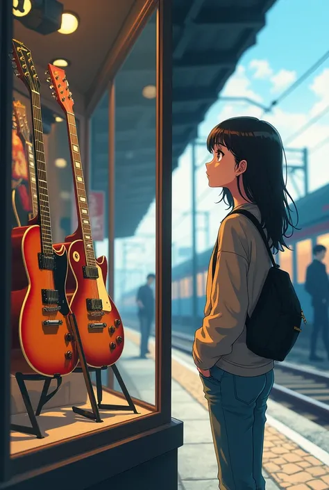 Young woman looking longingly at a guitar shop window Anime style Train station in the background 