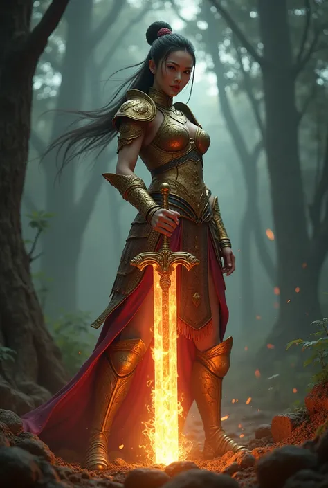 create a 3D photo realistic asian warrior woman with a gold armour, holding a big heavy sword and the blade of the sword is on fire. she is standing on the side and the sword is nailed on the ground. the atmosphere is scary and in the forest