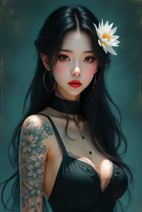 A digital photorrealistic of a beautiful Asian woman with long, flowing black hair adorned with a white flower. She has striking makeup, including winged eyeliner and bold red lips. Her skin is flawless and pale, contrasting with her dark features. A large...