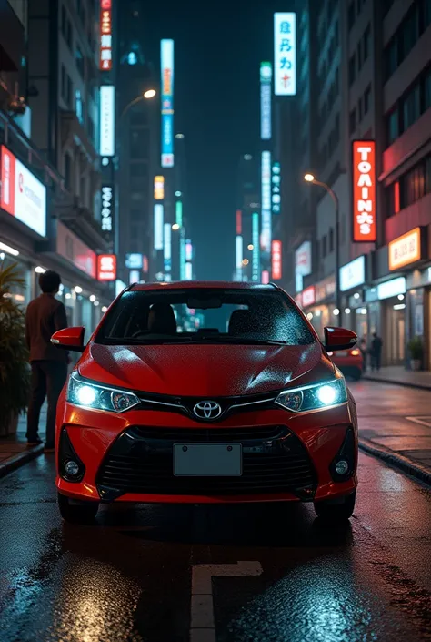 Toyota vios in a city night and a man sitting on the background

