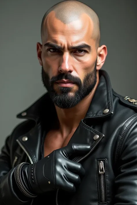 (photorealism:1.2), young attractive bald man, european, fit body, white skin, black short beard, brown eyes, biker outfit, black leather gloves