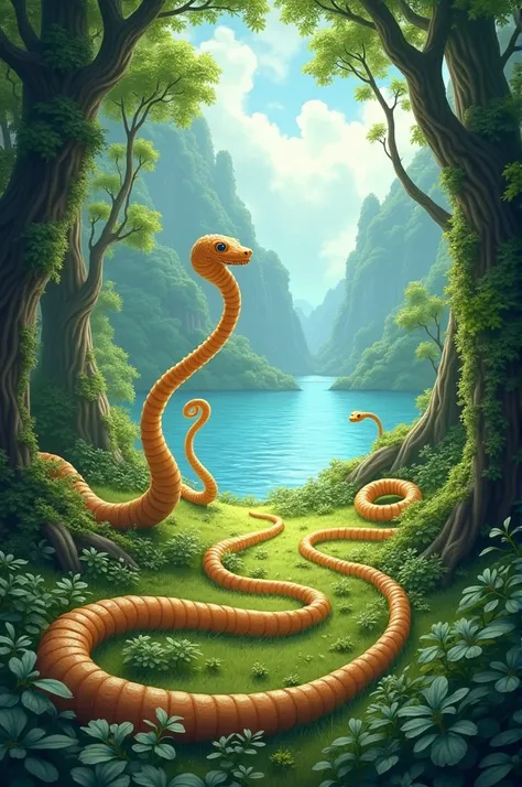 Noodles like snakes in a green Forest with grassy ground and blue water lake 