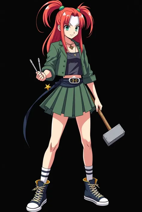 A full body image of an 1 girl named Hana Watanabe, personagem do anime "dragonball z", she is very beautiful, with medium length straight fire-colored hair with two white highlights in the front, framing your face. She has blue-green eyes and pale skin.. ...