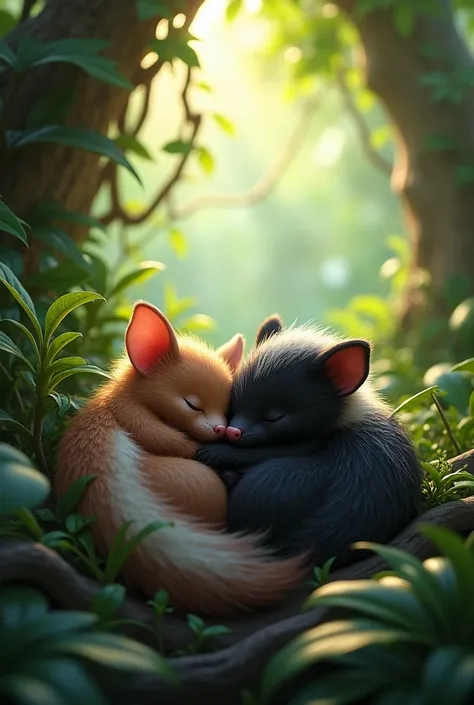 A bat and a skunk in a jungle lying together with their eyes closed. 