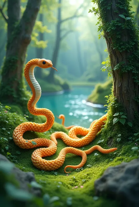 Snakes made by noodles  in a green Forest with grassy ground and blue water lake 