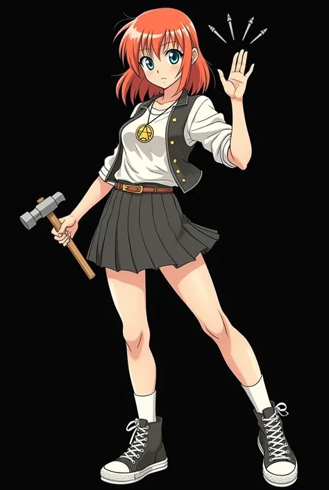 A full body image of an 1 girl named Hana Watanabe, personagem do anime "dragonball z", she is very beautiful, with medium length straight fire-colored hair with two white highlights in the front, framing your face. She has blue-green eyes and pale skin.. ...