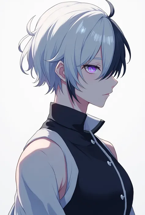 Can you create me a handsome anime boy with a beautiful body and who is white as snow and who has white hair with black tips and his eyes are light blue with purple in each position of the hair from the front to the back in profile? 