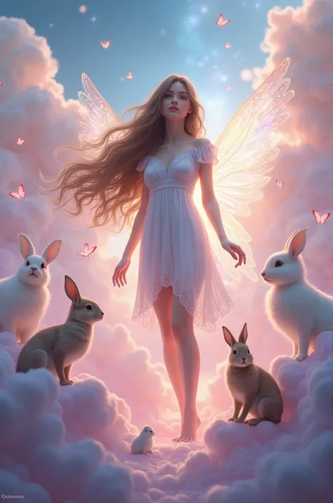 Brunette Human fairy with animals and pastel nebula