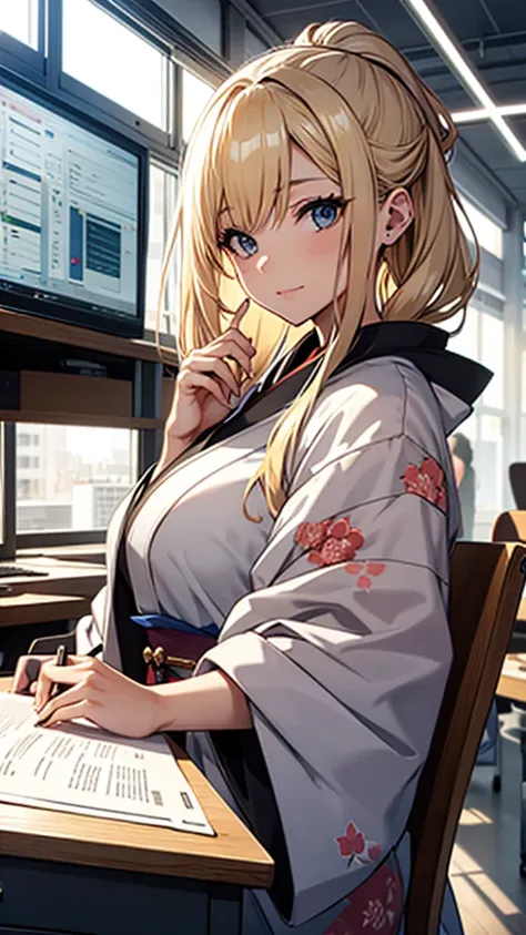 A beautiful blonde girl in a kimono studying at her desk