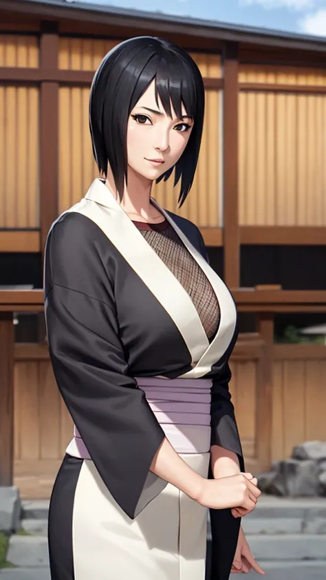 masterpiece, best quality, shizune, black kimono, upper body, looking at viewer, slight smile, large breasts, japanese architecture, outdoors, sky, realistic