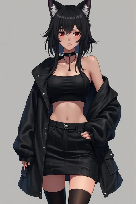 An image of Gawr Gura, the shark vtuber, wearing a black crop top and a black miniskirt. The crop top is fitted, exposing a moderate amount of midriff without being overly revealing. The miniskirt is tight, accentuating the hips and thighs. The outfit is p...