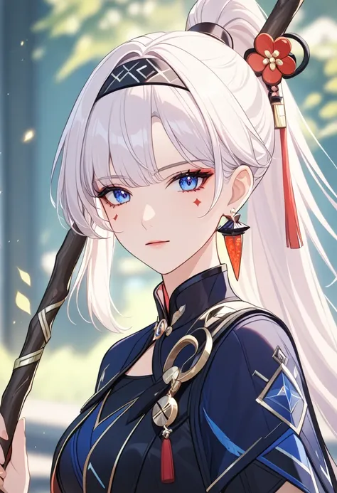 1girl,bangs,jewelry,ponytail,hairband,earrings,white hair,blue eyes,hair ornament,pointy,hair, stick,facial mark,solo,mole,