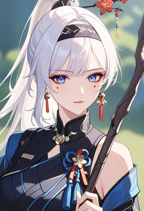 1girl,bangs,jewelry,ponytail,hairband,earrings,white hair,blue eyes,hair ornament,pointy,hair, stick,facial mark,solo,mole,