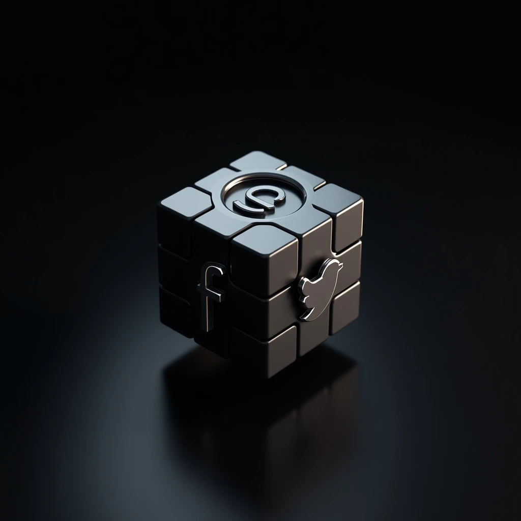 Beautiful social media icons cube with black background and lighting from one angle