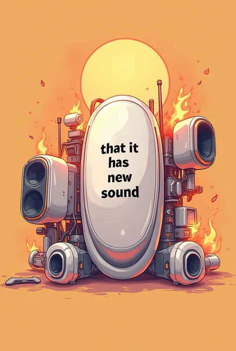 That it has new sound written on it, that it is a digital drawing and that the background is light orange and with speakers on all sides and with screens, radios and flames of fire