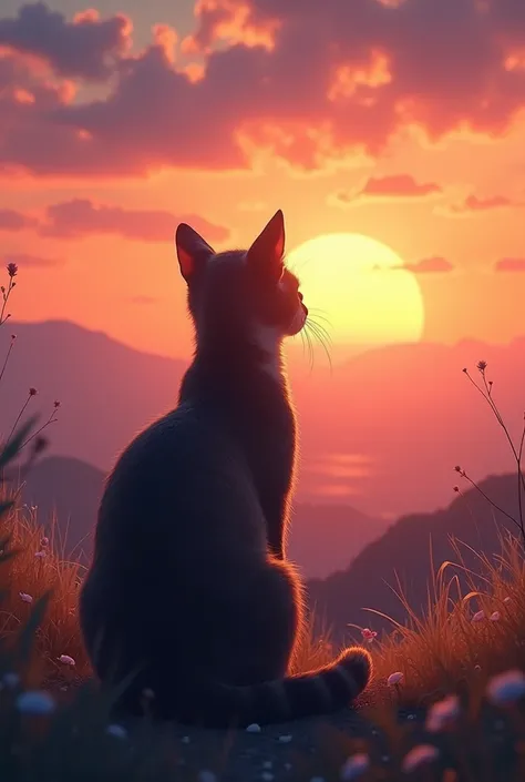 A cat with its back turned to the screen and it’s facing a sunrise