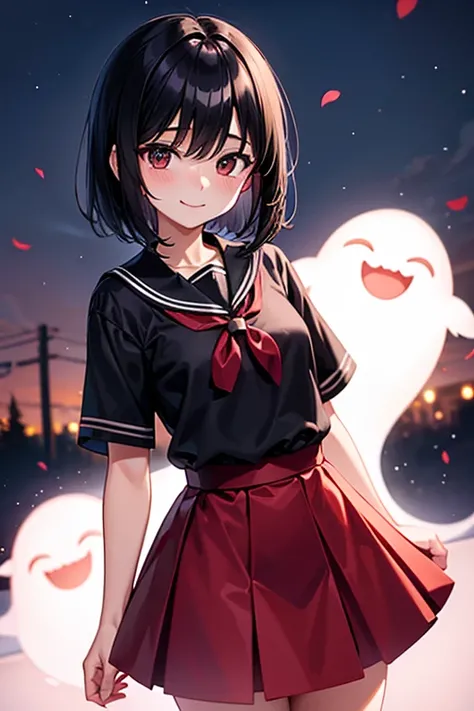 Young, elementary school student, black hair, bob hair, red skirt, school toilet, ghost story, Hanako, smile, night, fun