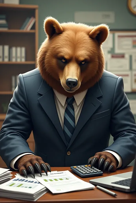 BEAR IN THE MIDDLE OF A HAPPY SALES CLOSURE, CONCERNED WITH HIS CALCULATOR AND A LOT OF PAPERS
