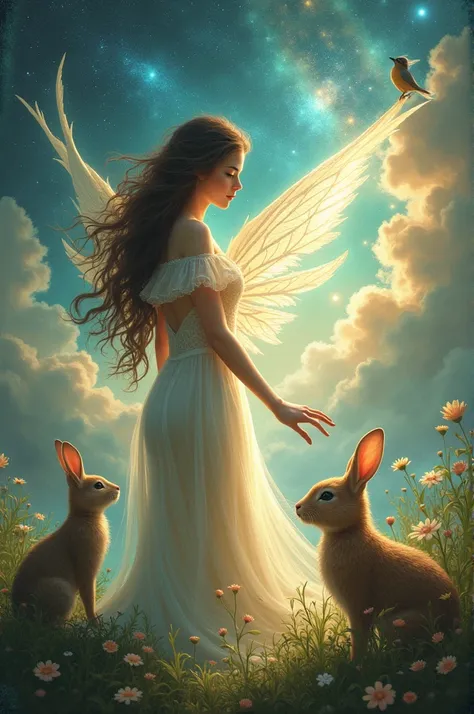 Brunette Fairy holding animals nebula and nature