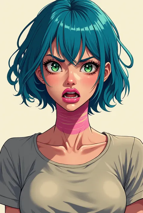 Woman, Strong neck, wool short t-shirt, blue squeamish hair, a disgusted green look, pink lipstick, manga edit, epic style