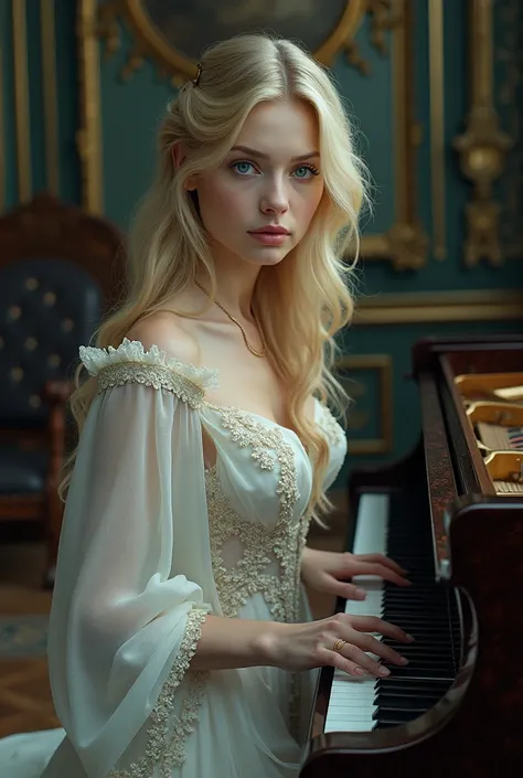 Woman with blond hair, slavic, white, blue colored eyes, royaltly, playing piano