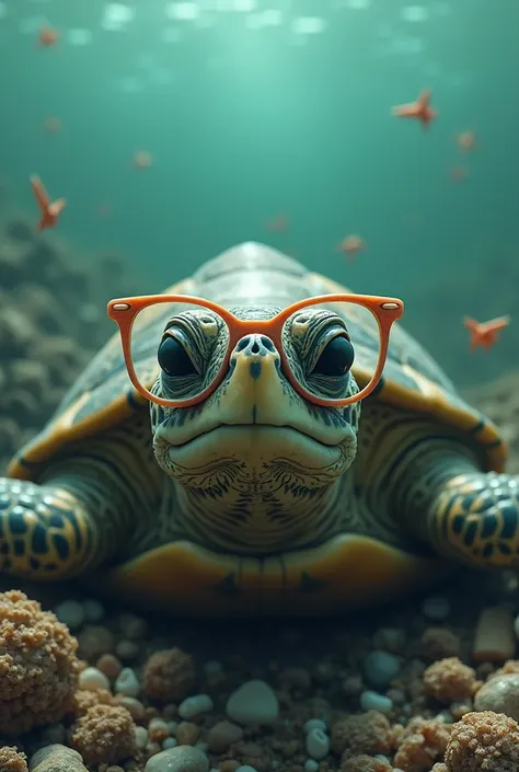 A turtle wearing plastic straw glasses and a polluted sea
