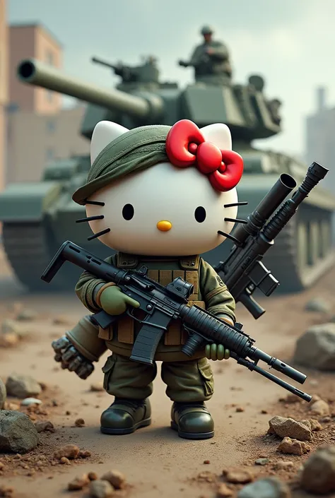 hello kitty with war weaponry with war tank