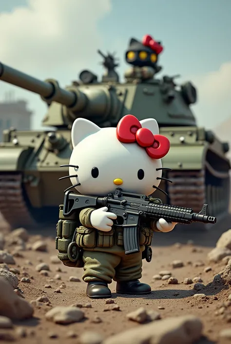 hello kitty with war weaponry with war tank