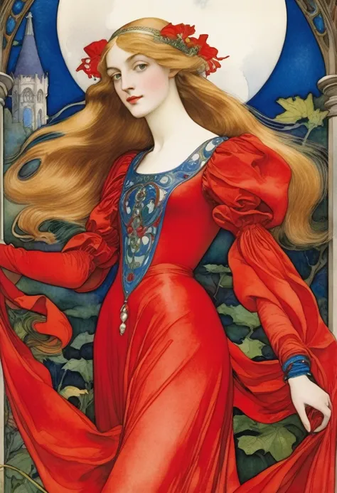 Lady in red, fairytale full moon ((style Eleanor Fortescue-Brickdale)), ((Watercolor painting)), Very colorful, highest detail, ((masterpiece)), Complex Key, ((single shot)), impression, highest detail, perspective, 8k