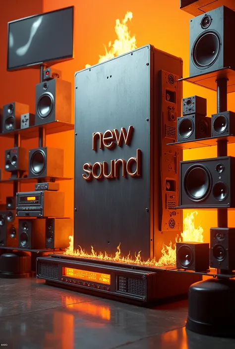 That it has new sound written on it that looks real and that the background is light orange and with speakers on all sides and with screens, radios and flames of fire