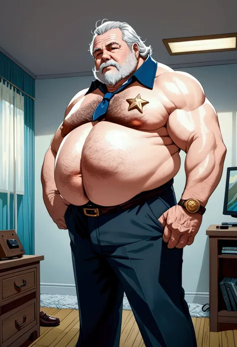 (8K, top-quality, masterpiece: 1.2), (Age: 60, White man, retired sheriff ), (Disgusting, Horny: 1.1), (Muscular, Chubby: 1.1), (Kind: 1.3), ( Mature Daddy), (Dress Pants: 1.3), (Very Hairy chest and belly, Small Hard Nipple), (Visible Bulge), (Loafer: 1.2...