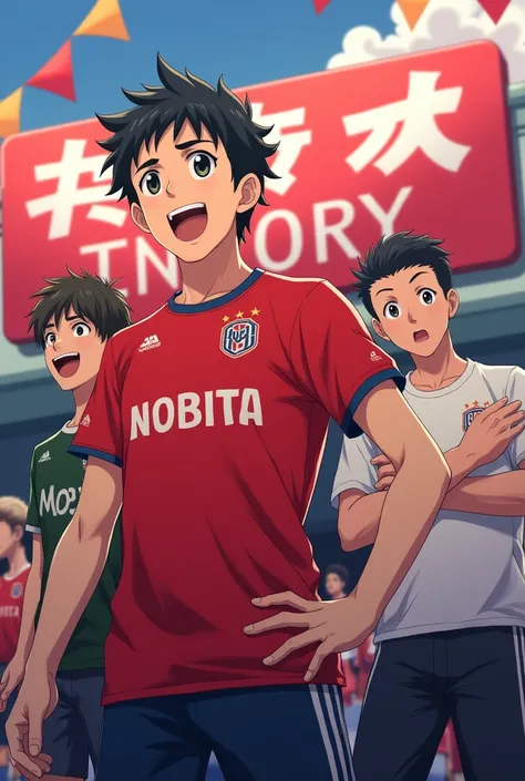 3 men 1 woman Anime nobita wears a red sports shirt in the party area and there is a written sign (RED TEAM)