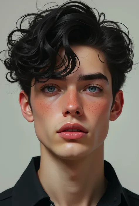 Handsome man with black curly hair and blue eyes, freckles on his face, , fair skin and long nose