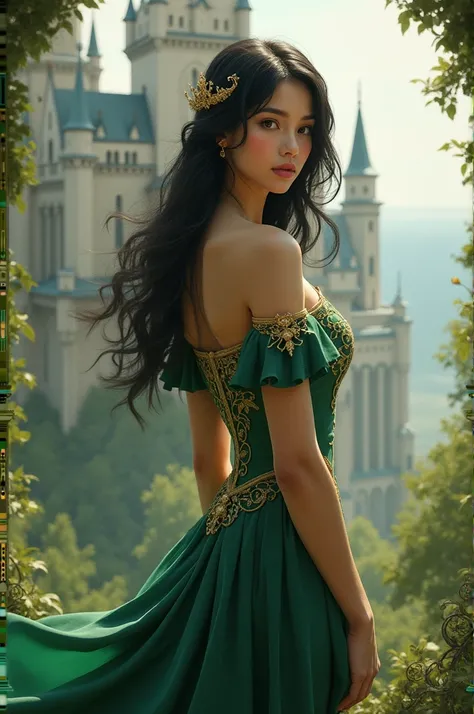 Dark-haired princess with little bust wearing a green and gold dress and a castle in the background